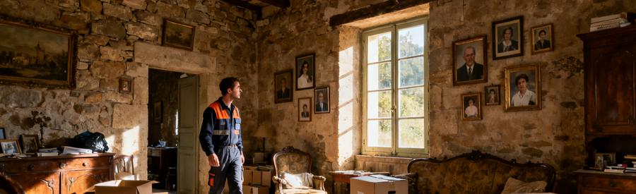 Un professionnel en débarras inspecte un salon encombré dans une maison en Corrèze, prêt à aider la famille.