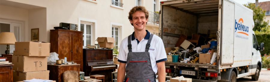 Un débarras professionnel devant un appartement T3 rempli de cartons et vieux meubles, prêt à intervenir.