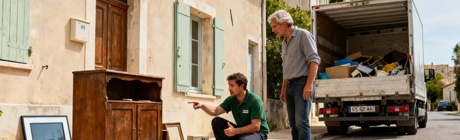 Un professionnel du débarras évalue des objets avec un client à Carpentras, devant un camion de débarras.