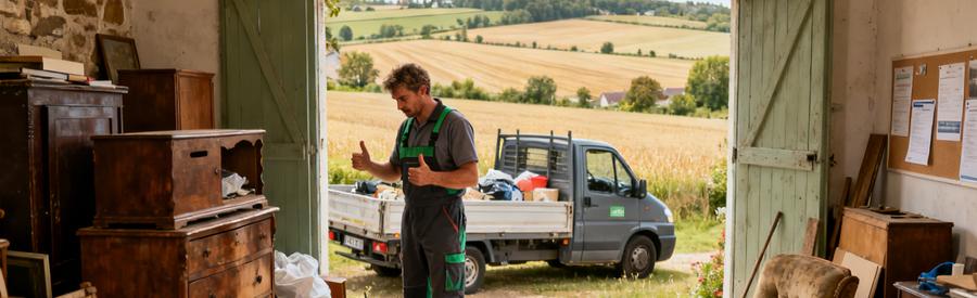 Un professionnel inspecte une maison de campagne en Eure-et-Loir, avec des vieux meubles et une camionnette de débarras.
