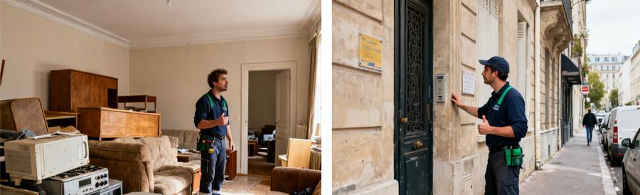 Un débarras professionnel évalue un salon encombré et vérifie l'accès à un appartement étroit à Montauban.
