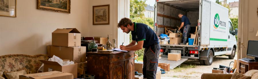 Professionnel du débarras inspectant un vieux meuble dans un salon encombré, avec un camion en arrière-plan à Saumur.