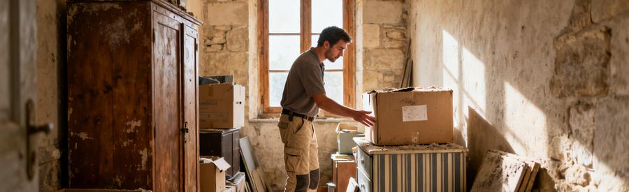 Professionnel du débarras dans un corridor d'une maison ancienne en Indre-et-Loire, entouré d'objets encombrants.