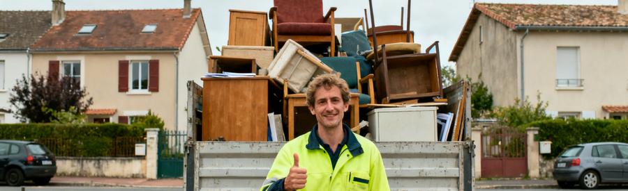 Professionnel du débarras à La Roche-sur-Yon, devant un camion avec des meubles récupérés, montrant une intervention efficace.