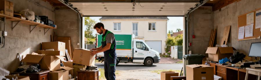 Professionnel du débarras inspectant un garage encombré à Laval, démontrant expertise et professionnalisme.