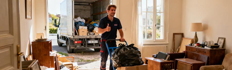 Professionnel débarrassant un T3 encombré à Montivilliers, montrant un contraste entre désordre et efficacité.