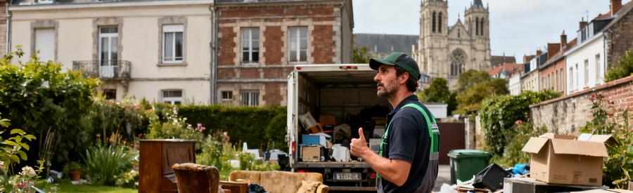 Un débarras professionnel à Béthune évalue un pavillon avec des objets encombrants dans le jardin.
