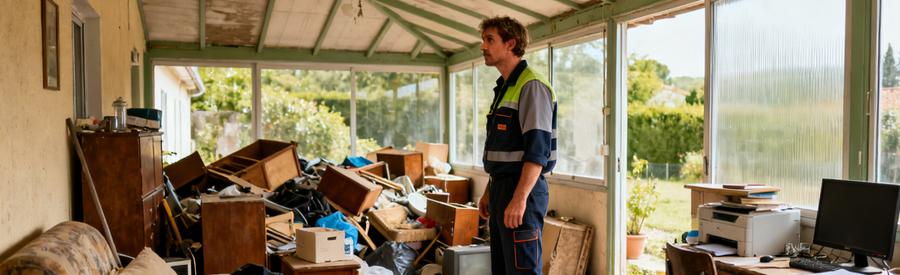 Un débarras professionnel évalue un pavillon à Tournefeuille, entouré de vieux meubles et cartons accumulés.