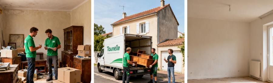 Débarras à Tournefeuille, montrant des professionnels chargeant et l'espace avant/après.