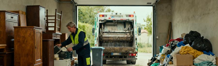 Un professionnel du débarras trie meubles et matériaux recyclables dans un garage, illustrant son engagement environnemental.