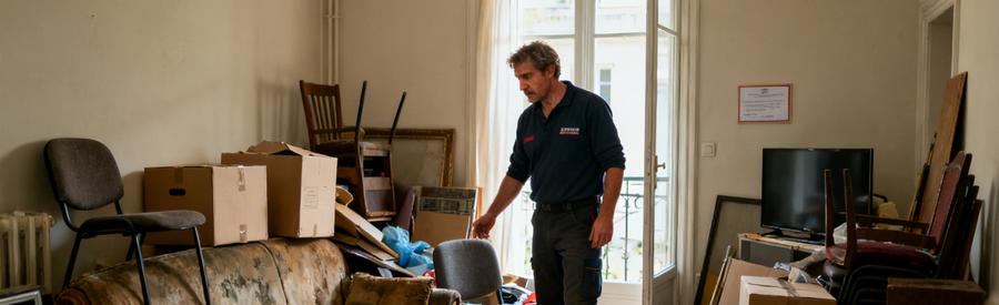 Un professionnel du débarras inspecte un salon encombré d'objets dans un appartement à Vandœuvre-lès-Nancy.