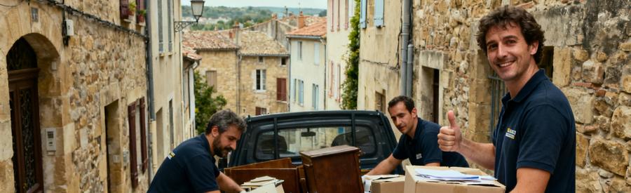 Équipe de débarrasseurs triant des objets dans une ruelle de Cahors, avec des maisons en pierre en arrière-plan.