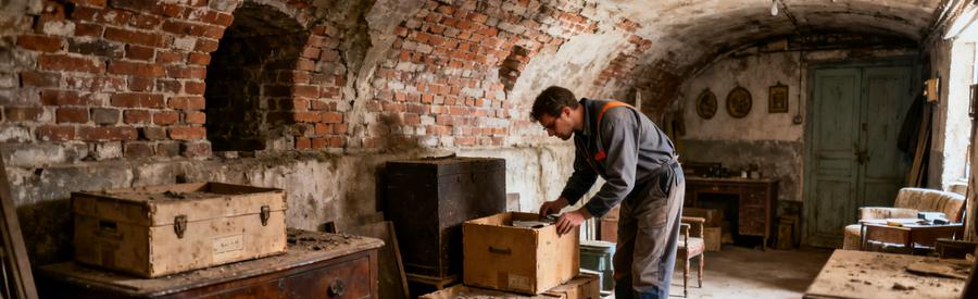 Un débarras professionnel dans une ancienne cave d'un bâtiment ouvrier à Sotteville-lès-Rouen, avec un expert inspectant des cartons.