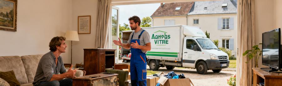 Un professionnel du débarras échange avec un client au salon sur les objets à évacuer, illustrant le processus efficace à Vitré.