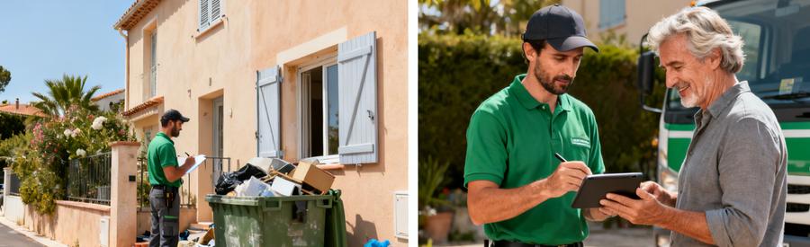 Débarrasseur inspectant une maison et discutant avec le propriétaire pour l'estimation des objets à évacuer.