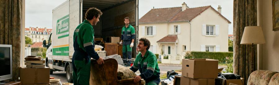 Débarras professionnel à Houilles avec des travailleurs triant des objets et une camionnette, villes voisines en arrière-plan.