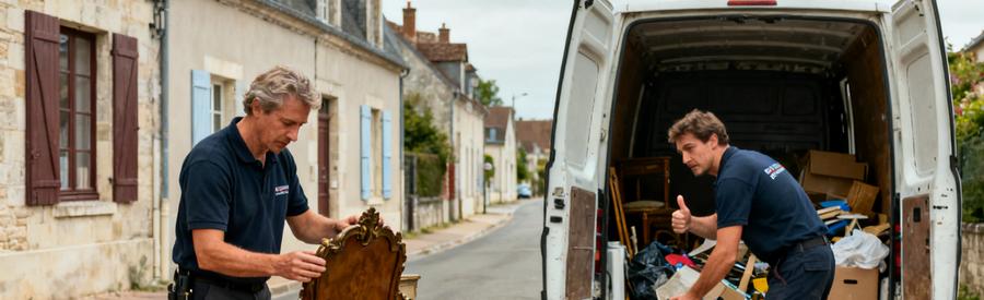 Deux débarrasseurs au Loir-et-Cher évaluent des objets anciens et chargent des meubles variés dans une camionnette.
