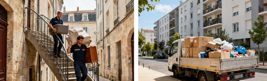 Professionnel du débarras transportant un meuble dans une rue étroite de Poitiers, avec une camionnette chargée dans un quartier résidentiel.