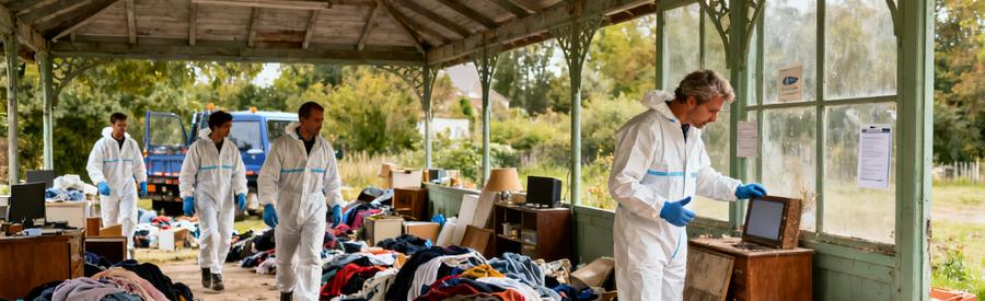 Débarrasseurs professionnels intervenant dans un pavillon à Guéret, triant et nettoyant dans un contexte de syndrome de Diogène.