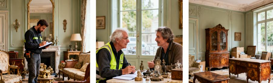 Un débarras professionnel inspecte des meubles et discute de leur valeur à Villenave-d'Ornon, montrant l'expertise de débarras.