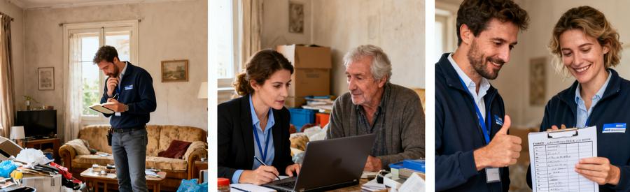 Professionnels en visite d'évaluation dans un salon encombré, engagés dans une discussion amicale.