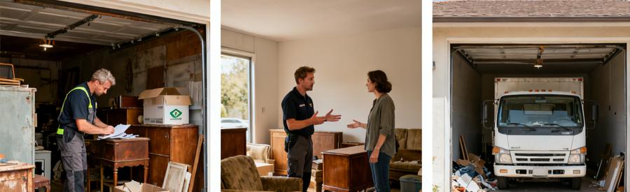 Débarrasseur évaluant des objets dans un garage, discussion avec client, garage vide et propre après le débarras.