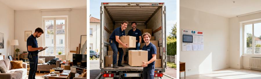 Processus de débarras à Saint-Priest : évaluation, chargement et salon nettoyé.