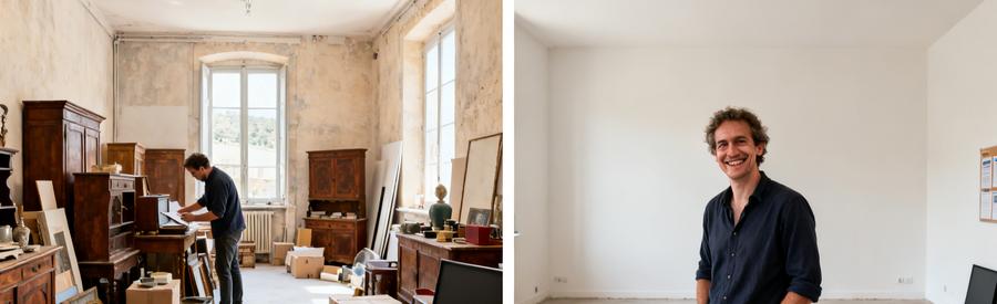 Un studio à Manosque avant et après un débarras, montrant l'efficacité des professionnels en action.