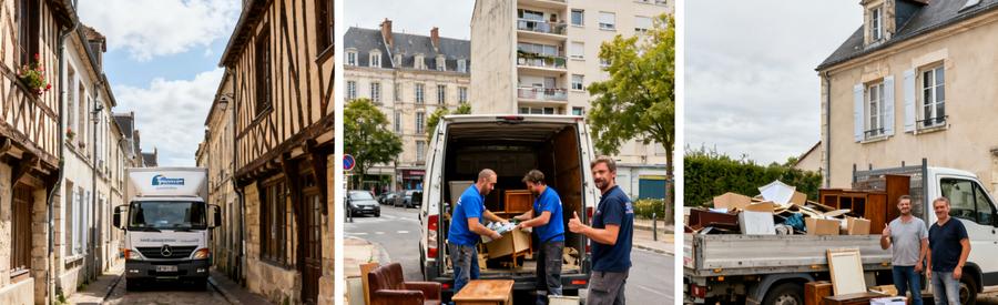 Professionnels du débarras dans le centre ancien d'Auxerre, évaluant l'accès pour un camion.