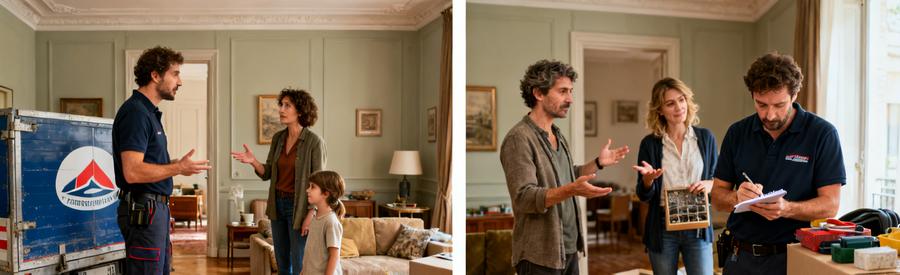 Professionnel du débarras discutant avec une famille dans un salon en préparation d'un départ en maison de retraite.