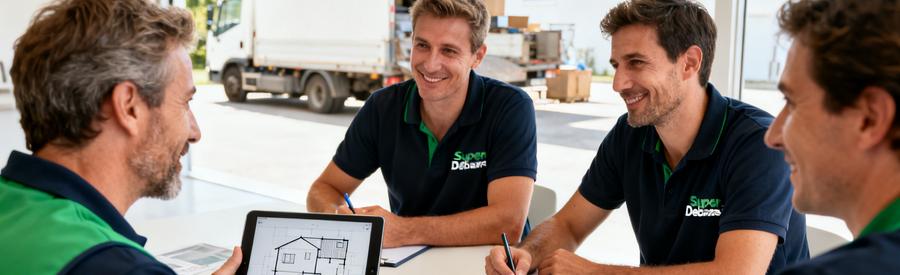 Professionnels du débarras échangeant autour d'une table, illustrant la mise en relation efficace sur SuperDebarras.