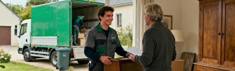 Un professionnel du débarras aide un client à évaluer des objets dans une maison avant le service de débarrassage.