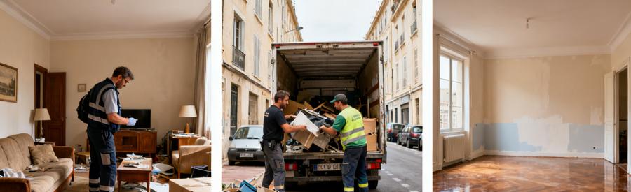 Professionnels du débarras à Marseille 12e, inspectant, chargeant et nettoyant un intérieur après un débarras.