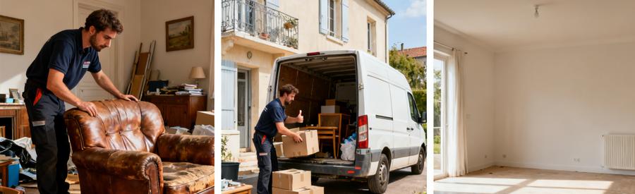 Débarras à Angoulême : évaluation, chargement en camion, résultat final d'un salon propre.