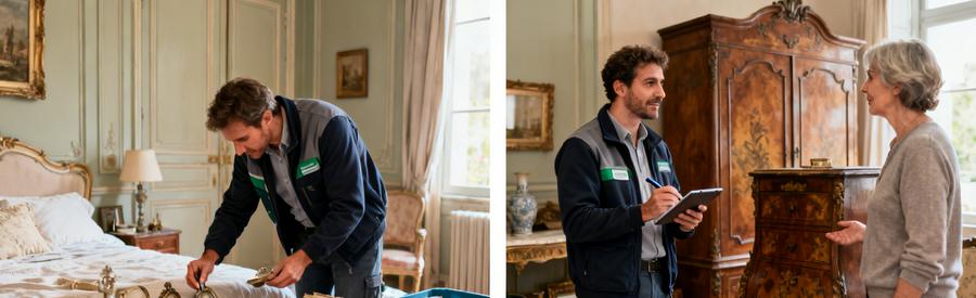 Un professionnel évalue des objets dans une chambre après un décès, en discutant avec un membre de la famille pour protéger les intérêts de chacun.