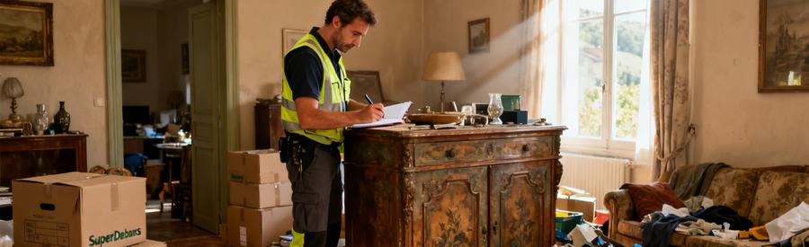 Un professionnel en train d'évaluer des meubles dans un salon encombré à Cournon-d'Auvergne, mettant en avant le service de débarras.