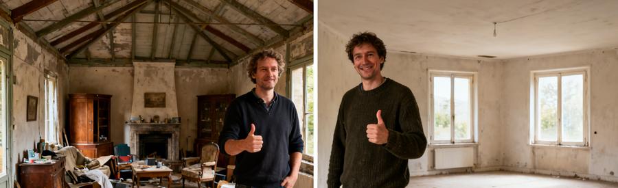 Comparaison de la transformation d'un salon en désordre à Cugnaux après un débarras professionnel.
