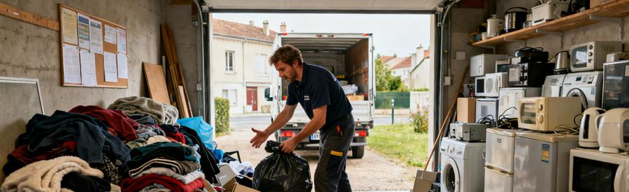 Un professionnel à Niort trie des textiles et des appareils électriques pour un débarras écoresponsable.