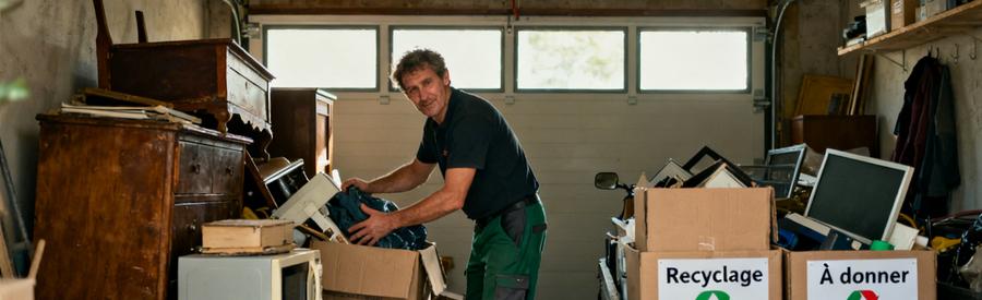 Professionnel triant des objets dans un garage, avec des zones recyclage et dons pour associations locales.
