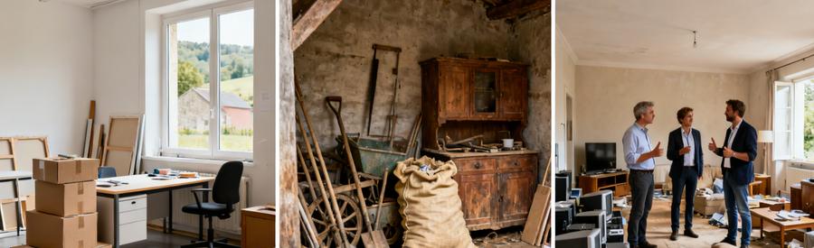 Débarras de différents types de biens dans le Doubs : studio, ferme, salon, montrant l'adaptabilité des professionnels.