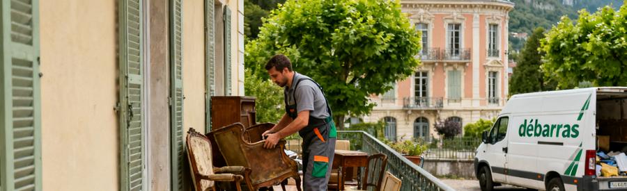 Un professionnel du débarras travaille sur une terrasse à Aix-les-Bains, avec des meubles à évacuer et une camionnette à proximité.