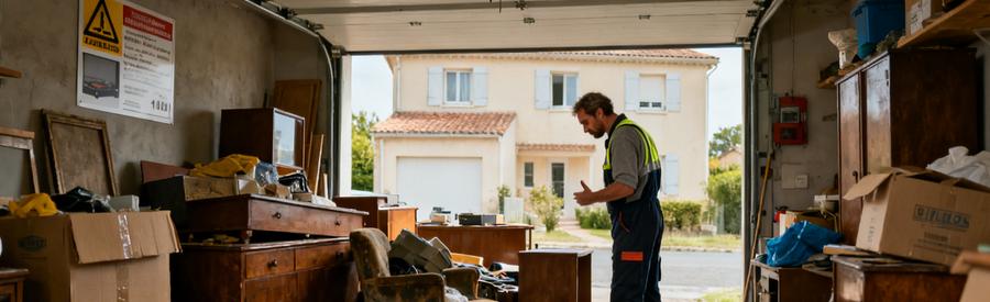 Professionnel du débarras inspectant un garage encombré à Gradignan, évaluant les objets à retirer.