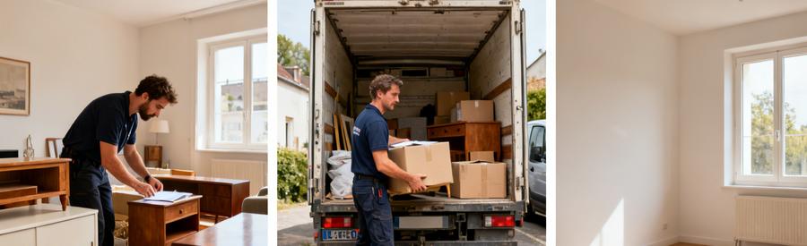Professionnels en débarras à Saint-Étienne-du-Rouvray évaluant meubles et chargement dans une camionnette, appartement propre.