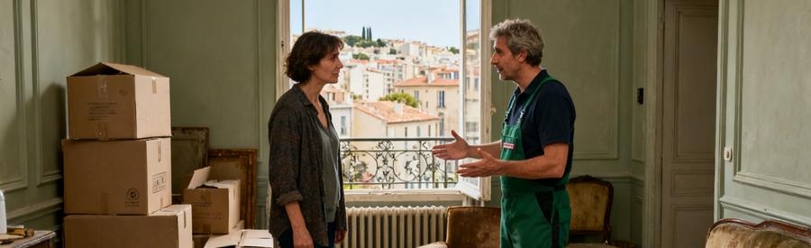Professionnel du débarras discutant des offres dans un salon à Marseille 12ème, montrant différents objets à évacuer.