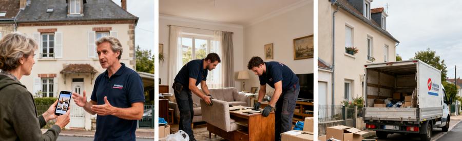 Processus de débarras à Rouen illustré par 3 étapes : consultation, tri dans un salon, camionnette prête à charger.