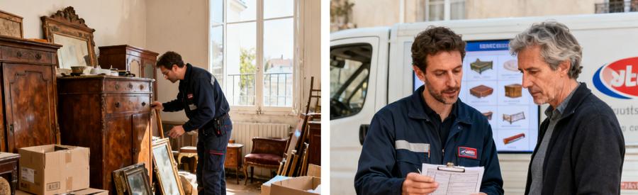 Professionnel expert en débarras évaluant une pièce et discutant avec un client à Anglet.