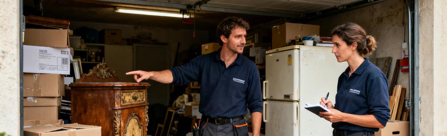 Deux débarras professionnels évaluant des objets dans un garage, soulignant la comparaison des offres.