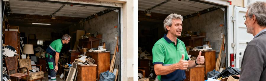 Scène de débarras dans le Cher : évaluation d'un garage encombré et consultation avec un client.