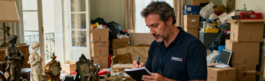 Un débarras professionnel évalue des objets de valeur dans un salon, soulignant l'importance du tri pour réduire les coûts.