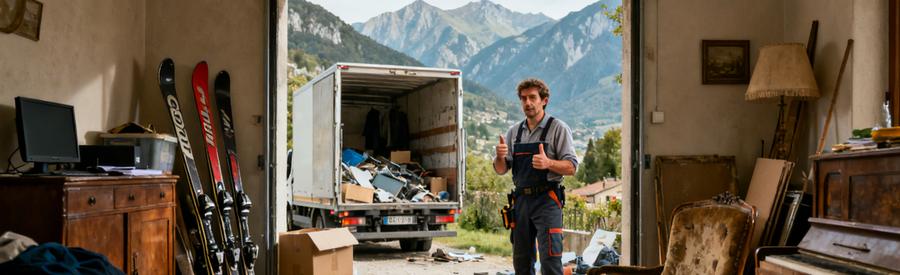 Professionnel inspectant une résidence secondaire à Gap, entouré d'encombrements avec vue sur les montagnes.